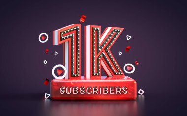 1k aboneleri kutlama yapıyor. Bin takipçi sosyal medya tebrik kartı 3D