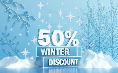 Sosyal medya tanıtım posteri için% 50 indirimli kış indirimi. 3d oluşturma