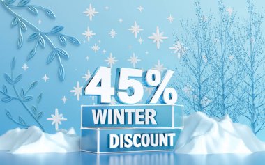 Sosyal medya tanıtım afişi için yüzde 45 indirimli kış indirimi. 3d oluşturma