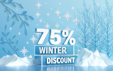 Sosyal medya tanıtım posteri için% 75 indirimli kış indirimi. 3d oluşturma
