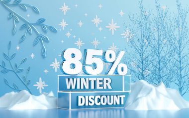 Sosyal medya promosyon posteri için% 85 indirimli kış indirimi. 3d oluşturma