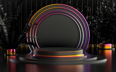 Ürün arka planı için lüks podyum sahnesinden ayrılan soyut halka dairesi 3D görüntüleme