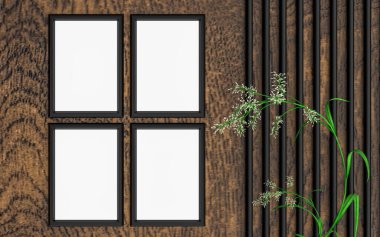 Ahşap görünümlü lüks A4 boyutlu dikey fotoğraf çerçevesi model arkaplanı yeşil yapraklı 3D görüntüleme