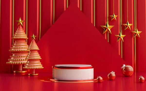 winter merry Christmas luxury red and gold podium display for product presentation. 3d rendering