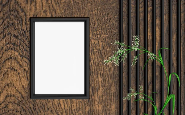 Ahşap görünümlü lüks A4 boyutlu dikey fotoğraf çerçevesi model arkaplanı yeşil yapraklı 3D görüntüleme
