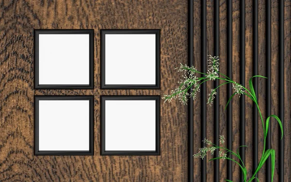 Ahşap görünümlü A4 boyutlu kare kare fotoğraf çerçeveli yeşil yapraklı arka plan 3D işlemeli