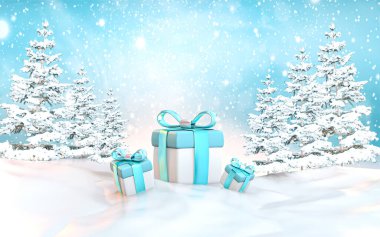 Kış manzarası arka planında Noel ağacının olduğu 3D mavi hediye kutusu