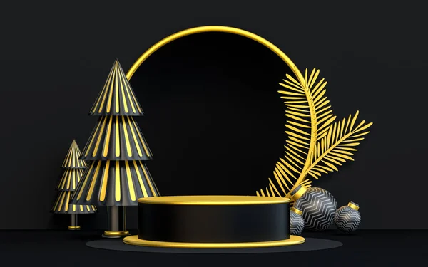 冬季快乐圣诞奢华黑暗和黄金讲台展示产品 3D渲染 — 图库照片
