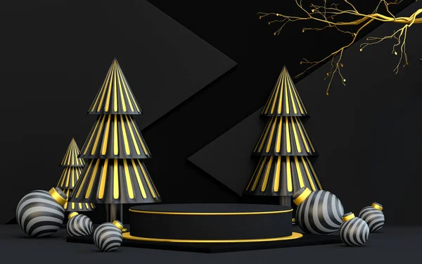 冬季快乐圣诞奢华黑暗和黄金讲台展示产品 3D渲染 — 图库照片