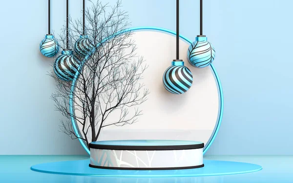 Téli Vidám Karácsonyfa Kék Luxus Pódiummal Termék Bemutatásához Renderelés — Stock Fotó