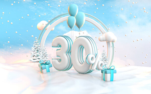 30 percent winter special offer discount background for social media Promotion poster. 3d rendering