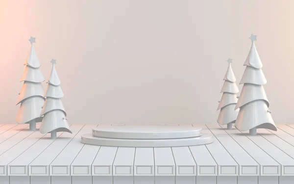 Branco Luxo Inverno Exibição Pódio Natal Com Árvore Caixa Presente — Fotografia de Stock