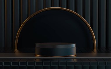 Koyu ve altın rengi lüks ürün tanıtımı için boş uzay podyumu görüntüsü, 3D görüntüleme