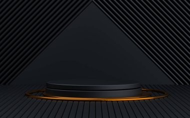 Koyu ve altın rengi lüks ürün tanıtımı için boş uzay podyumu görüntüsü, 3D görüntüleme