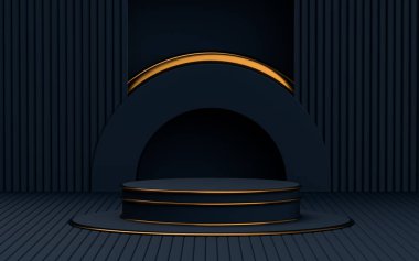 3d podyumu koyu ve altın soyut arkaplan üzerine kurar ürün tanıtımı için boş alan platformu 