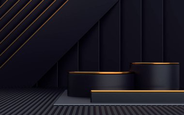 3d podyumu koyu ve altın soyut arkaplan üzerine kurar ürün tanıtımı için boş alan platformu 