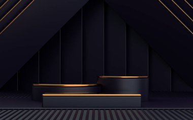 3d podyumu koyu ve altın soyut arkaplan üzerine kurar ürün tanıtımı için boş alan platformu 