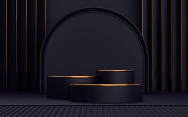 3d podyumu koyu ve altın soyut arkaplan üzerine kurar ürün tanıtımı için boş alan platformu 