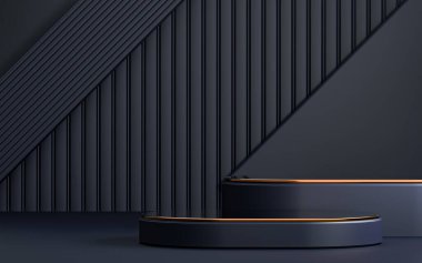 Yerdeki üç boyutlu karanlık podyum stüdyosu ürün tanıtımı için geometrik şekillerle donatılmış.