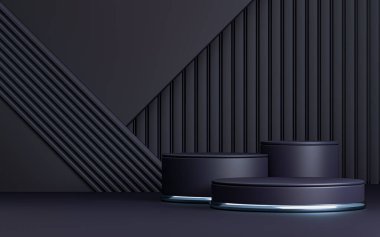 Yerdeki üç boyutlu karanlık podyum stüdyosu ürün tanıtımı için geometrik şekillerle donatılmış.