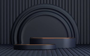 Yerdeki üç boyutlu karanlık podyum stüdyosu ürün tanıtımı için geometrik şekillerle donatılmış.