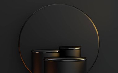 Ürün sunumu için karanlık lüks podyum sahnesi metalik soyut boş arkaplan 3D görüntüleme