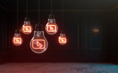 youtube simgesi ampul içinde parıldıyor 3d sosyal afiş için premium kapak arkaplanı oluşturuluyor