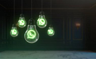 Whatsapp simgesi ampulün içinde parıldıyor. 3d Sosyal afiş için prim kaplama arkaplanı