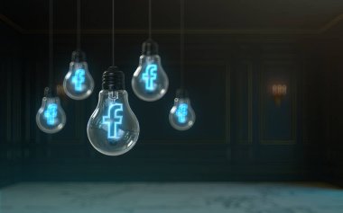 Facebook simgesi ampulün içinde parıldıyor. 3d Sosyal afiş için prim kaplama arkaplanı