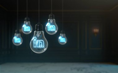 linkedin simgesi ampul içinde parıldıyor 3d sosyal afiş için premium kapak arkaplanı oluşturuluyor