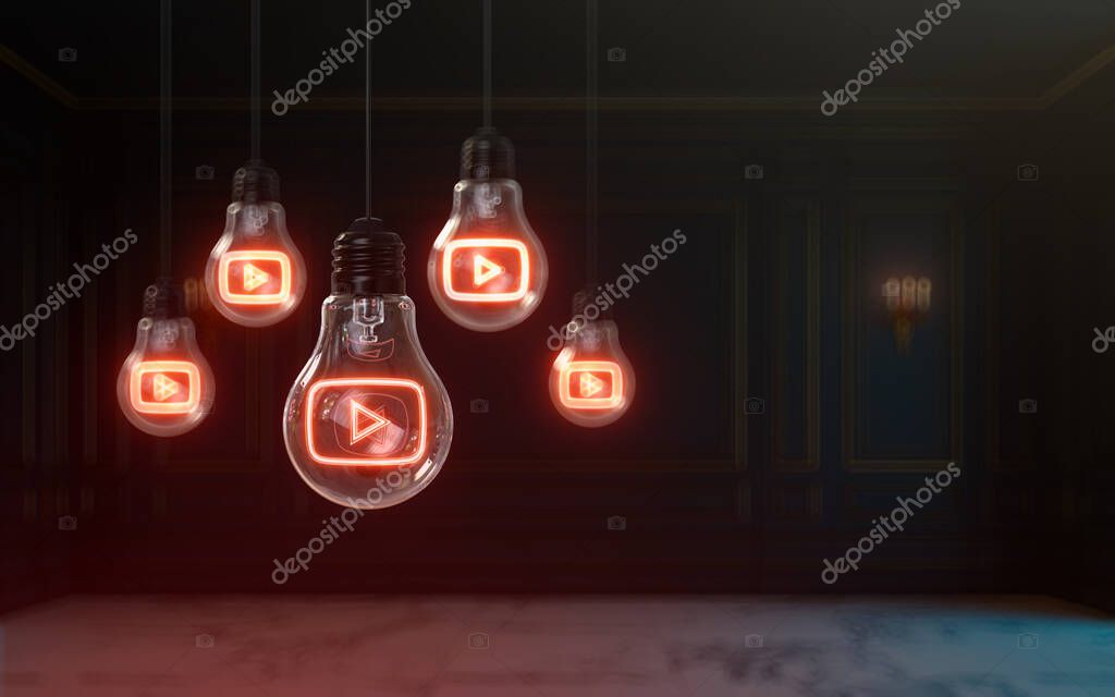 Youtube icon glow inside light bulb 3d rendering premium cover background for social banner
