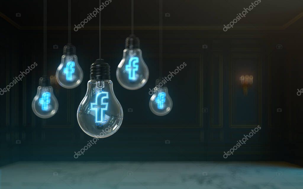 Facebook icon glow inside light bulb 3d rendering premium cover background for social banner