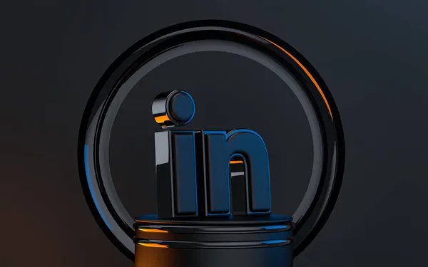Linkedin Sign Rendering Icon Stand Auf Podium Dunkel Schwarz Metallic — Stockfoto