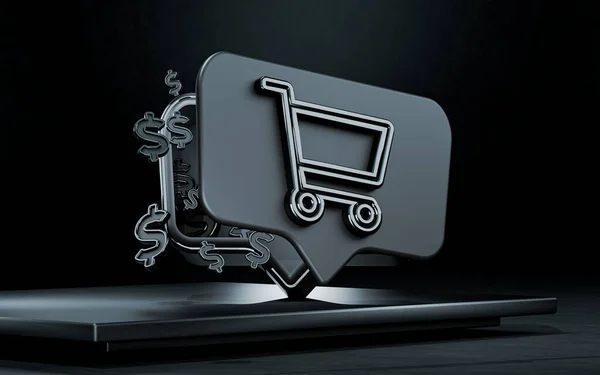 Metallic Glossy Shopping Cart Dollar Symbol Dark Background Rendering — Stock Photo, Image