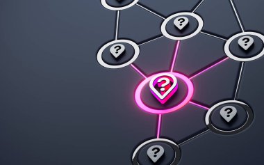 konum soru işareti Neon işareti Işıldayan sosyal ağ simgesi koyu metalik arkaplan 3d