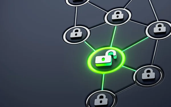 Unlock and lock Neon sign Glowing social networking iconic dark metallic background 3d rendering
