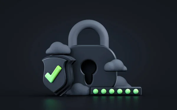 Security Shield Lock Check Mark Cloud Dark Iconic Background Cyber — Stock Photo, Image