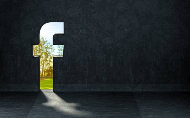 Facebook sosyal simgesi, iç mekanın içinde gün ışığının gerçekçi arkaplanı 3D görüntülemesini gösterir
