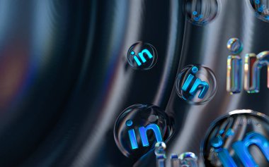 Renkli soyut koyu arkaplan 3d oluşturma üzerinde baloncuk cam geometrik şekiller içinde linkedin simgesi