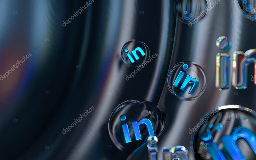 Linkedin icon inside bubble glass geometric shapes on colorful abstract dark background 3d render