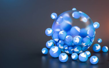 Sosyal afiş afiş şablonu için soyut cam baloncuk simge arkaplanı twitter işareti 3d oluşturma