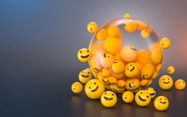 Mutlu gülümseyen Emoji simgesi simgesi sosyal afiş şablonu 3D görüntüleme için simgesel arkaplan