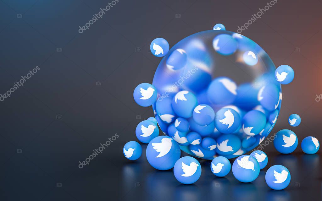 Twitter sign abstract glass bubble iconic background for social banner poster template 3d rendering