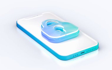 Cep telefonundaki kilit işareti izole edilmiş beyaz arkaplan web pankartı indirme sayfası için 3d yorumlama kavramı
