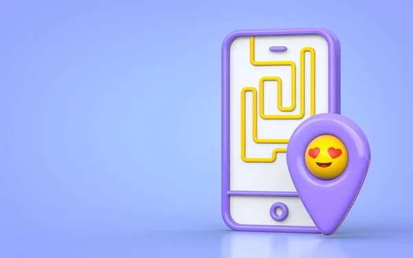 Posizione Mappa Marcatore Con Felice Sorriso Emoji Sul Cellulare Concetto — Foto Stock