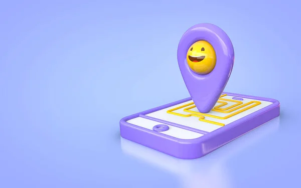 Marcador Mapa Localização Com Emoji Sorriso Feliz Telefone Móvel Renderizar — Fotografia de Stock