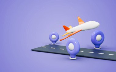 Dünya pistini dolaşın ve uçak pistini kaldırın. Konum göstergesi 3 boyutlu görüntüleme konsepti.
