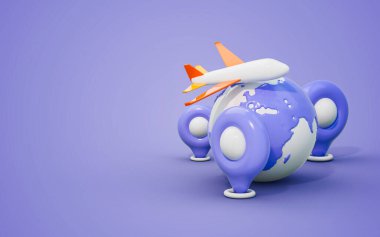 Dünya pistini dolaşın ve uçak pistini kaldırın. Konum göstergesi 3 boyutlu görüntüleme konsepti.