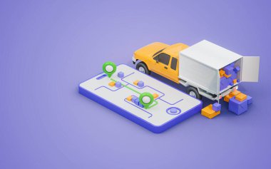 Ürün teslimat servisi kurye taşımacılığı kargo kamyonu ve konum işareti 3D canlandırma konsepti