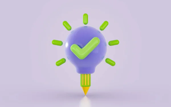 Creative Pencil Attached Lightbulb Checkmark Icon Minimal Background Render Concept — Fotografia de Stock